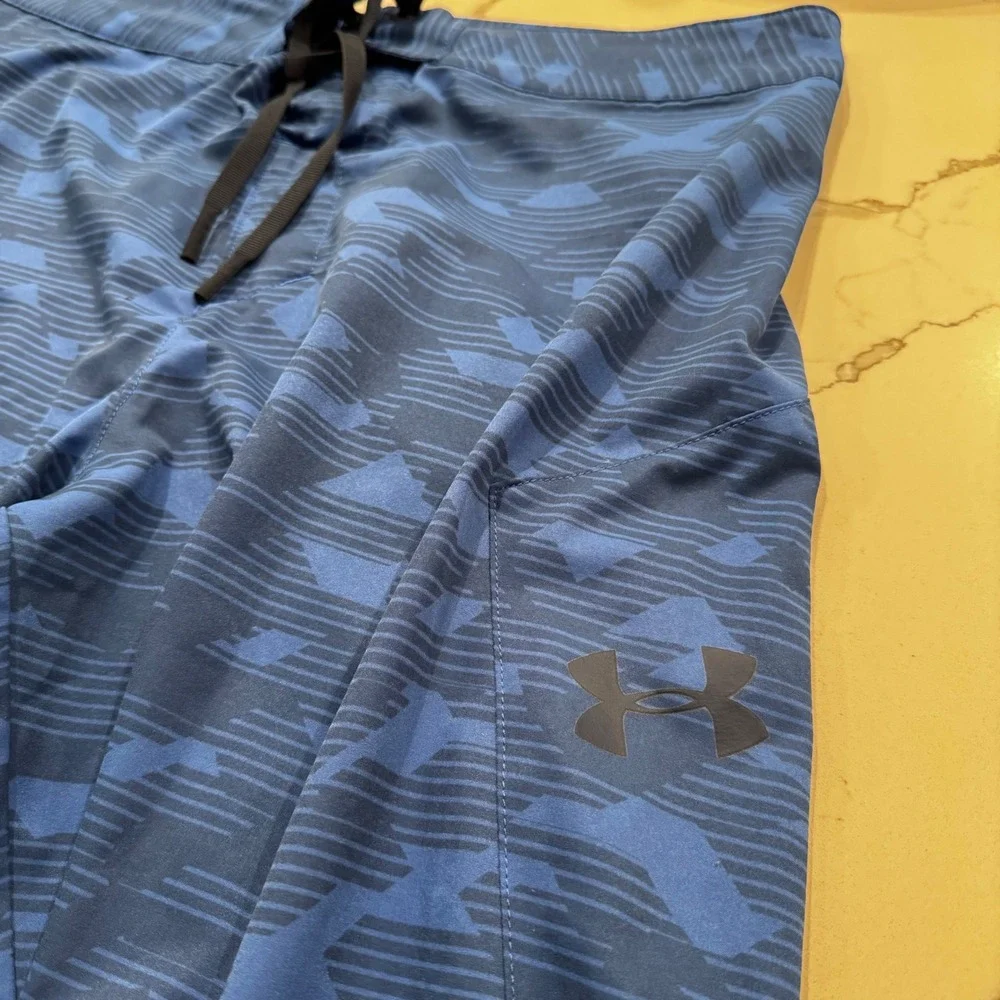 Under Armour Mens 34 Blue Geometric Board Shorts HeatGear Swim Trunks 1290503